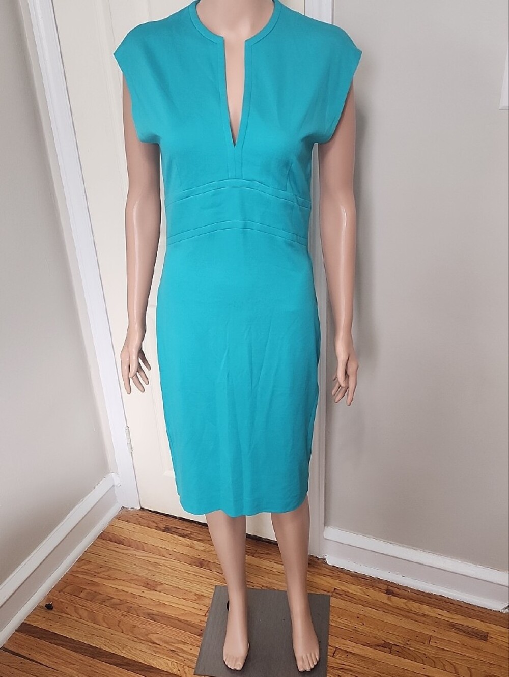 Escada Turquoise Midi Dress with Notch V-Neck